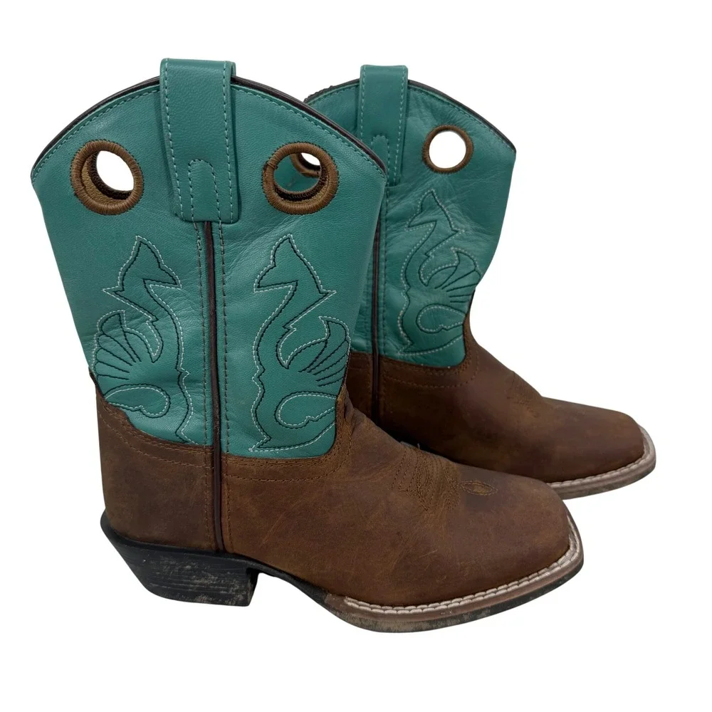 Masterson Boot Co Western Boots Kids 1M Brown Teal Good Leather Square Toe